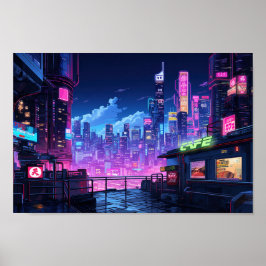 Cyberpunk City Night Cafe Poster