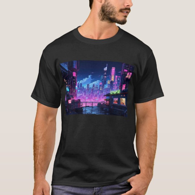 Cyberpunk City Night Cafe T Shirt (Framsida)