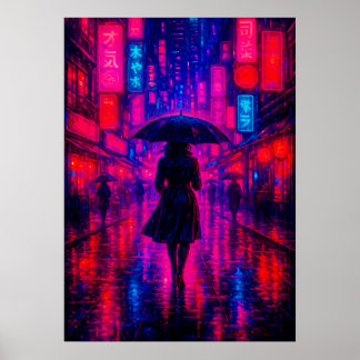 Cyberpunk City Night med Neon Ljus och Umbrella Poster