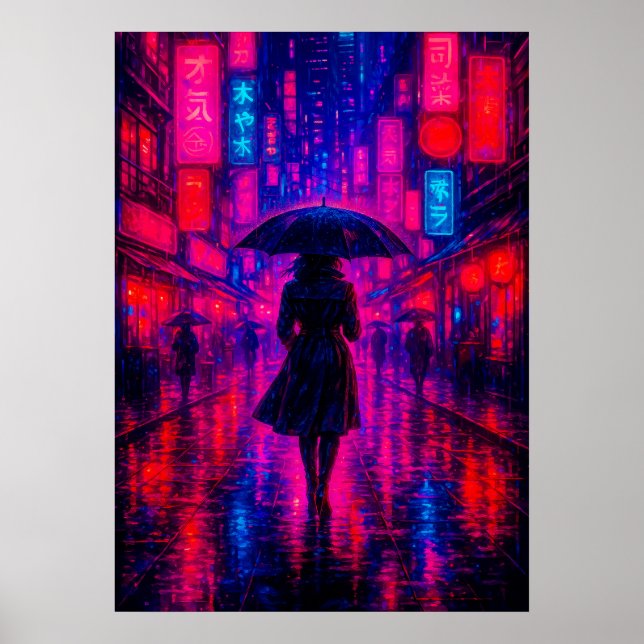 Cyberpunk City Night med Neon Ljus och Umbrella Poster (Framsidan)