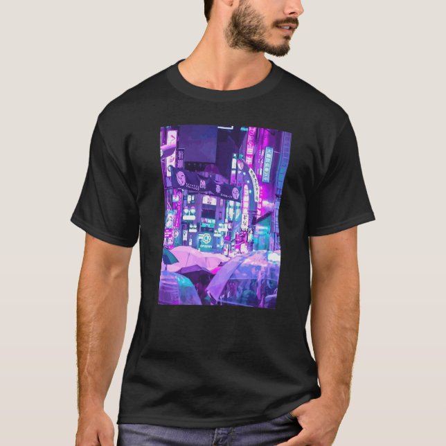 Cyberpunk City Sci Fi Night Tokyo Japan Urban Noir T Shirt (Framsida)