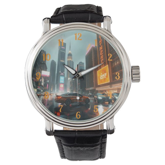 Cyberpunk City Skyscrapper Cars Armbandsur (Framsida)