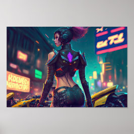 cyberpunk cityscape neon ljus motorcykelkvinna poster