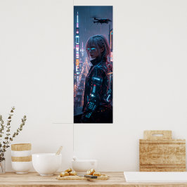 Cyberpunk Cityscape Poster Futuristiska Female Hac
