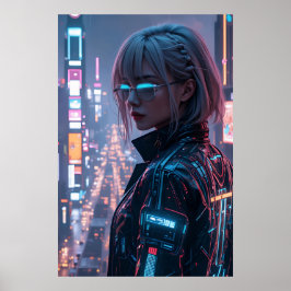 Cyberpunk Cityscape Poster Futuristiska Female Hac
