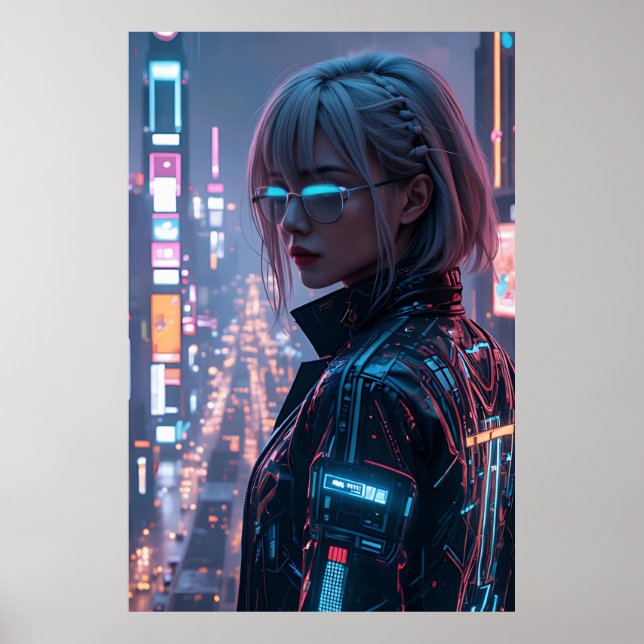 Cyberpunk Cityscape Poster Futuristiska Female Hac (Framsidan)