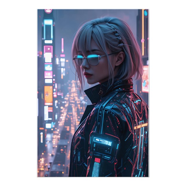 Cyberpunk Cityscape Poster Futuristiska Female Hac (Framsidan)