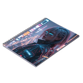 Cyberpunk Cityscape Poster Futuristiska Female Hac Anteckningsbok