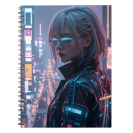 Cyberpunk Cityscape Poster Futuristiska Female Hac Anteckningsbok