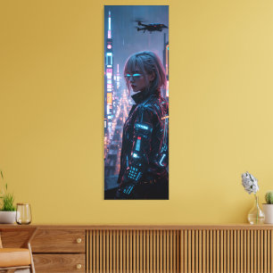 Cyberpunk Cityscape Poster Futuristiska Female Hac Canvastryck