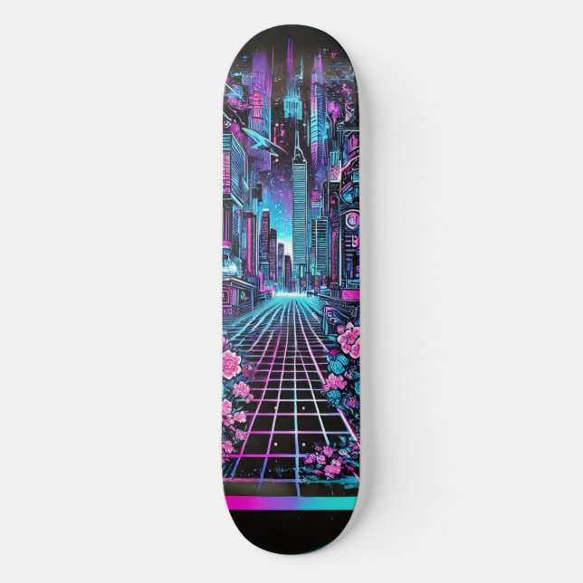 Cyberpunk Cityscape Skateboard Deck – Neon (Framsida)