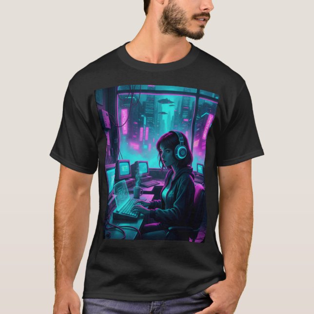 Cyberpunk Coder Girl – Retro Future Hacker Art T Shirt (Framsida)