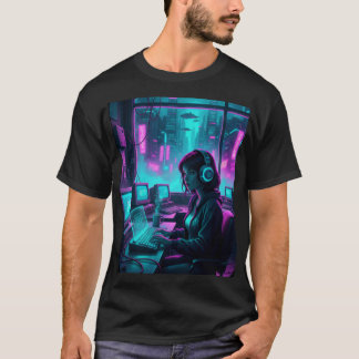 Cyberpunk Coder Girl – Retro Futuristisk Hackerkon T Shirt