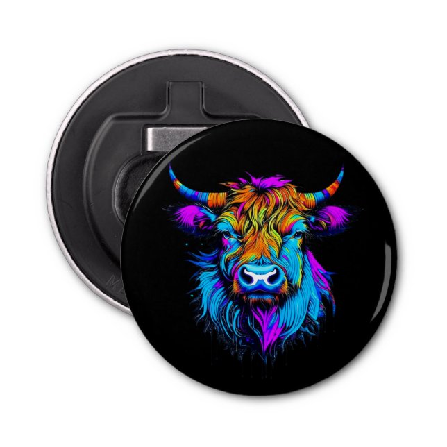 Cyberpunk Colorful Ai Highland Cow Flasköppnare (Framsidan)