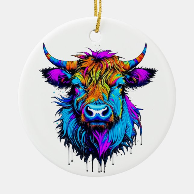 Cyberpunk Colorful Ai Highland Cow jul Julgransprydnad Keramik (Framsidan)