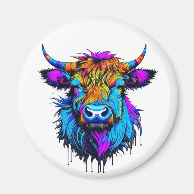 Cyberpunk Colorful Ai Highland Cow Magnet (Framsidan)