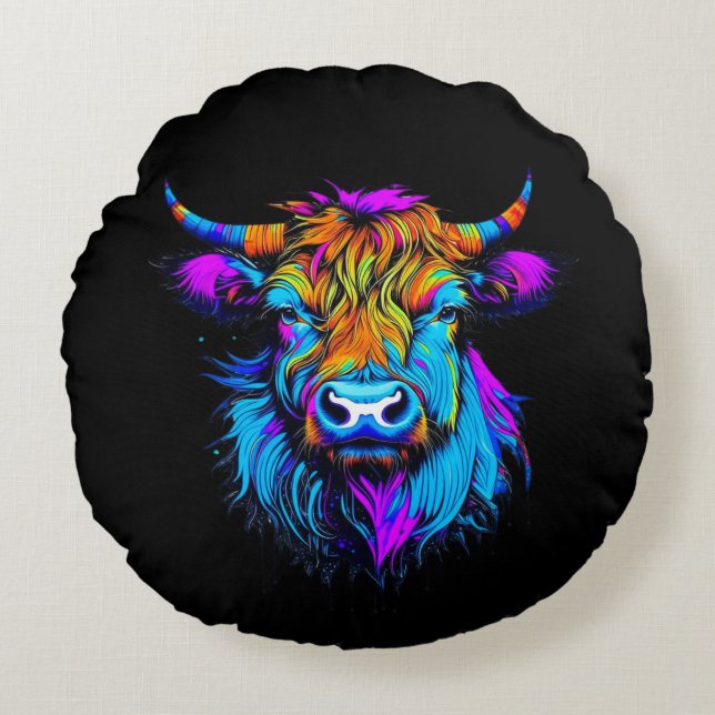 Cyberpunk Colorful Ai Highland Cow Rund Kudde (Framsidan)