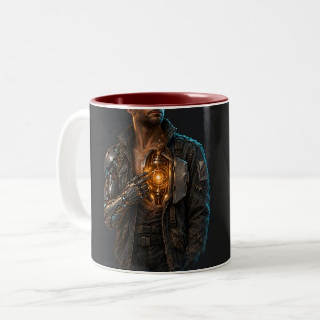 cyberpunk, cyborg, samuraj, neon, synthwave, kriga Två-Tonad mugg (Framsida vänster)