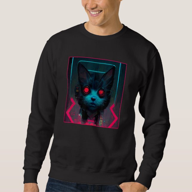 Cyberpunk Cyborg Techno Robot Katt Lång Ärmad Tröja (Framsida)