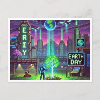 Cyberpunk Earth Day 16-Bit Pixel Art Postcard Helg Vykort