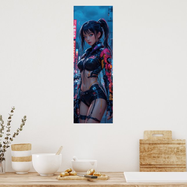 Cyberpunk Femme Fatale: Futuristiska AI Android in Poster (Kök)