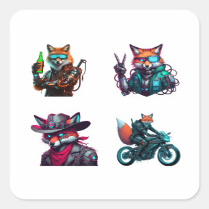Cyberpunk Fox Funny 4 Pack Stickers Fyrkantigt Klistermärke