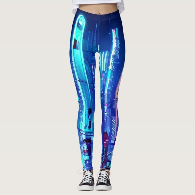 Cyberpunk Futuristiska Neon City Leggings (Framsida)