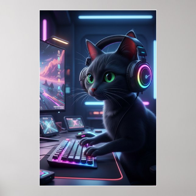 Cyberpunk Gamer Cat Art Poster (Framsidan)