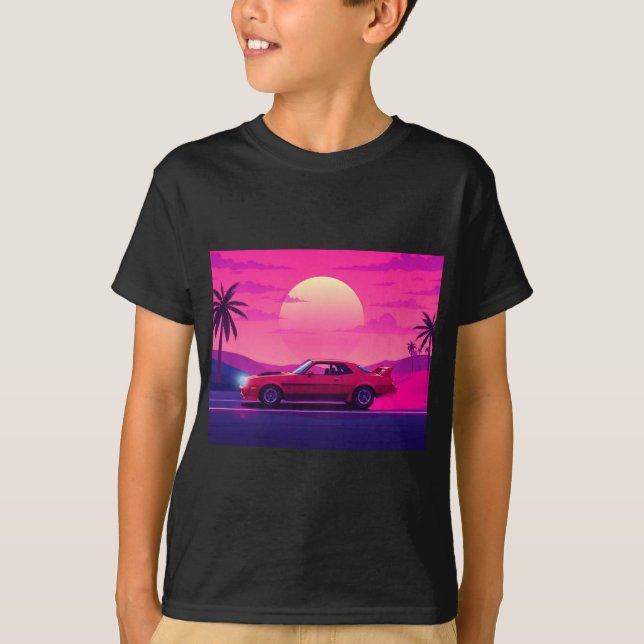 Cyberpunk Gamer Sunset Car Boy's T-Shirt (Framsida)