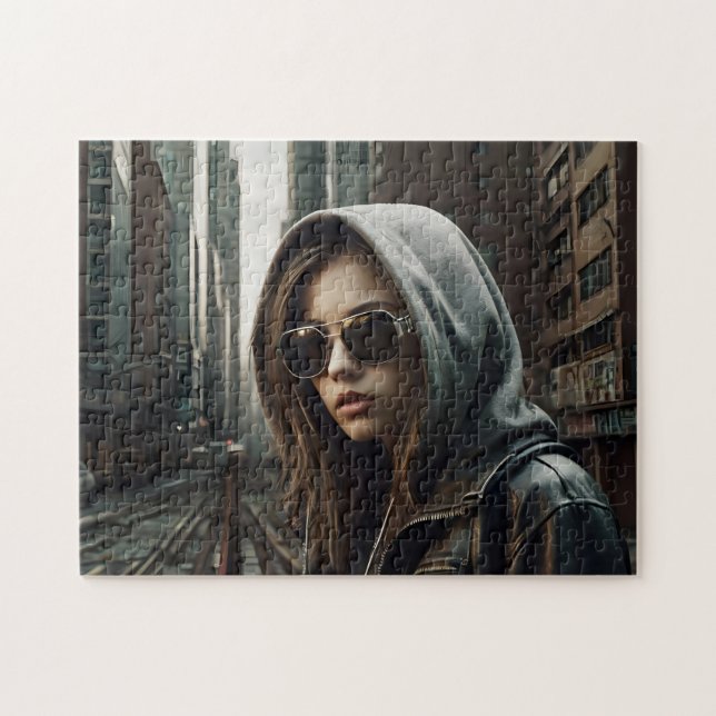 Cyberpunk Girl Hoodie Dystopian Pussel (Horisontell)