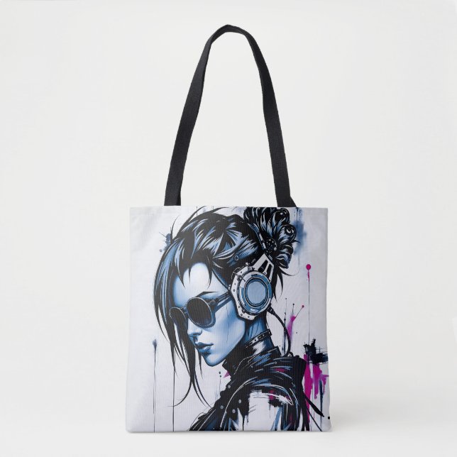 Cyberpunk Girl med hörlurar Tote Bag Tygkasse (Framsida)
