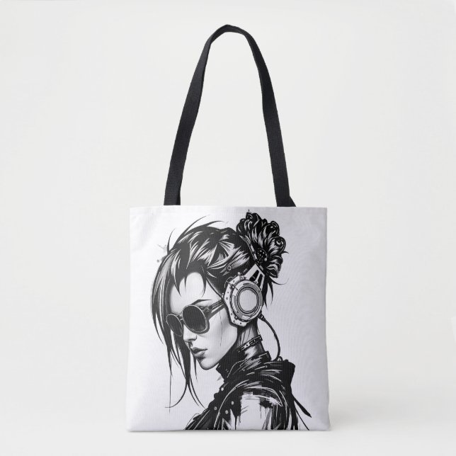 Cyberpunk Girl med hörlurar Tote Bag Tygkasse (Framsida)