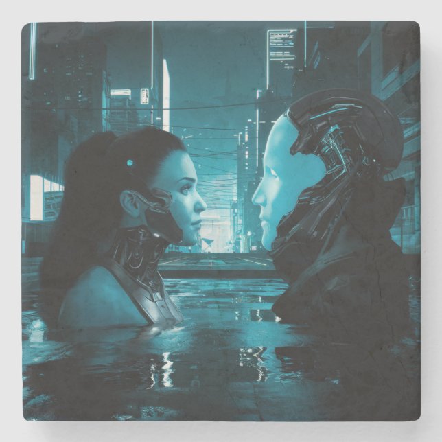 Cyberpunk Girl och Android Stenunderlägg (Framsidan)