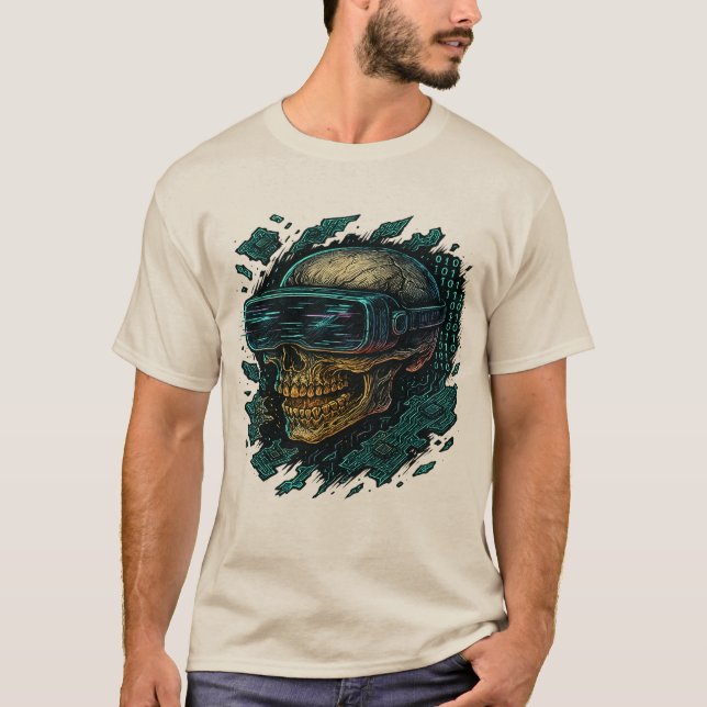 Cyberpunk Glowing Skull with VR Headset – Futurist T Shirt (Framsida)