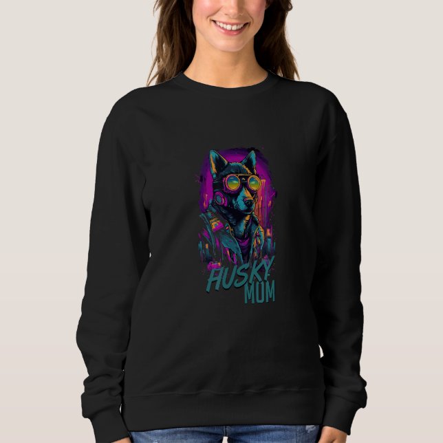 Cyberpunk Husky Loving Moms Futuristic Husky With  T Shirt (Framsida)
