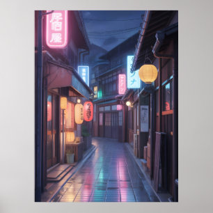 Cyberpunk Japan gata neon stadslandskap anime mode Poster