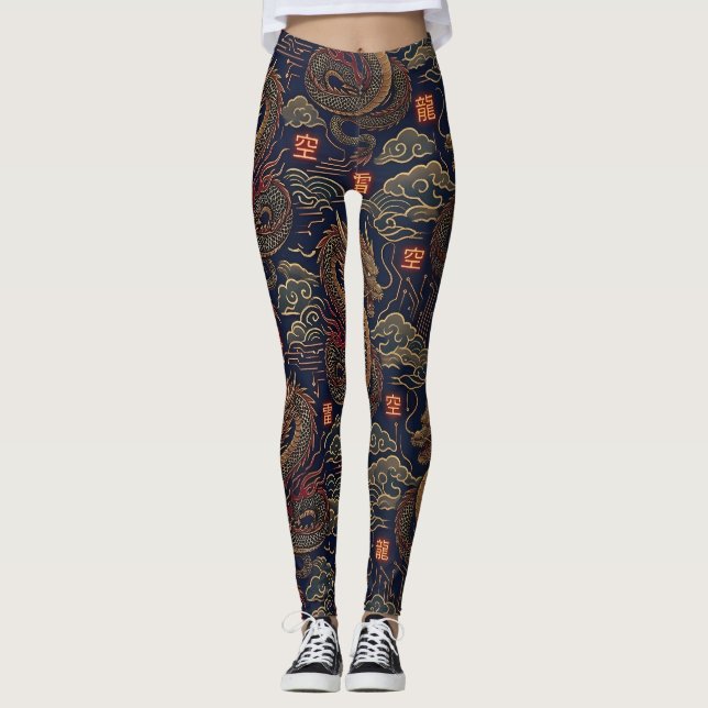 Cyberpunk Japansk Drak Neon Teknik Mönster  Leggings (Framsida)