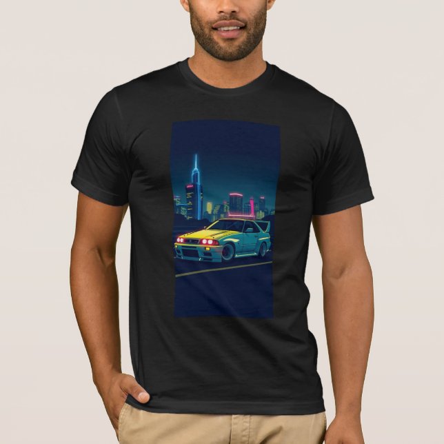 Cyberpunk JDM Sportbil Neon Natt Stad T-Shirt (Framsida)