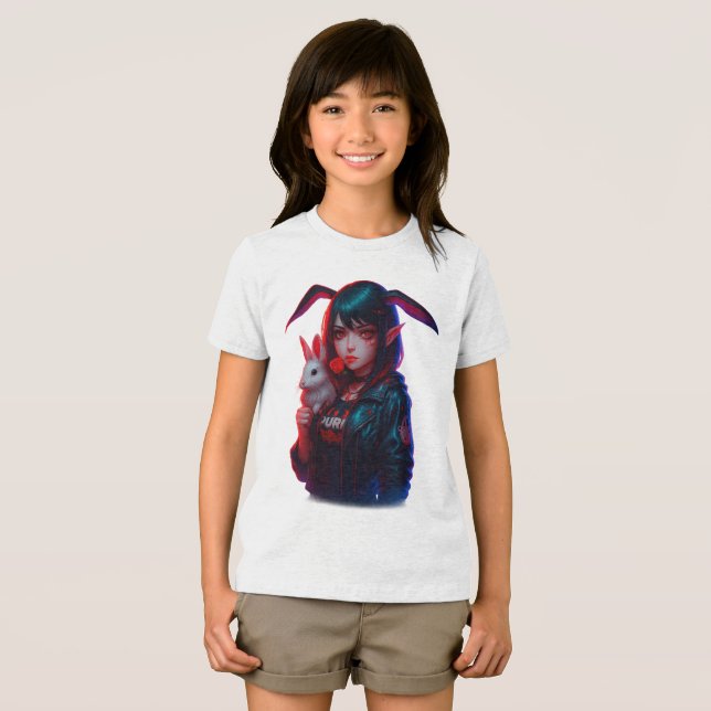 Cyberpunk Kanin Flicka – Cool Neon Barn T-Shirt (Framsida Full)