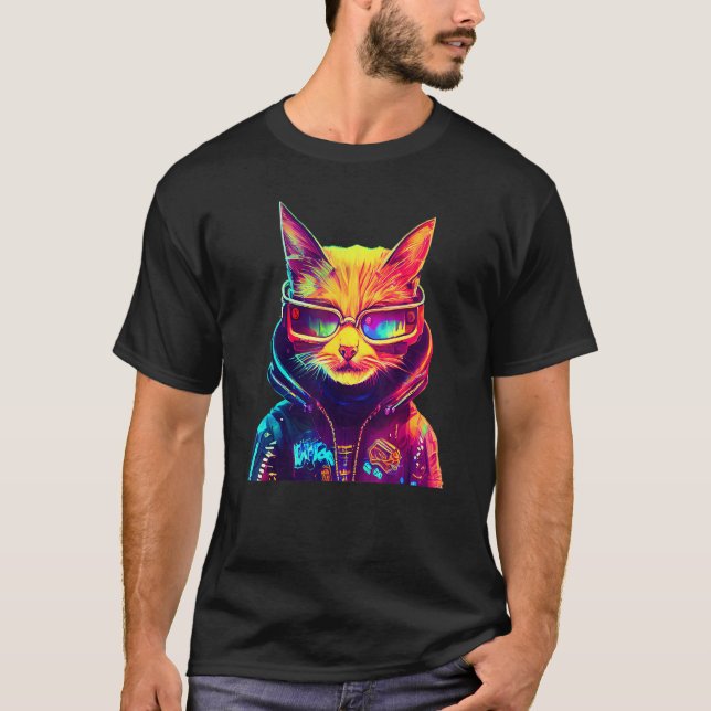 Cyberpunk Katt 6 T Shirt (Framsida)