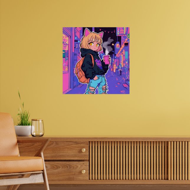 Cyberpunk Kattflicka Poster – Neonestetik (Vardagsrum 2)