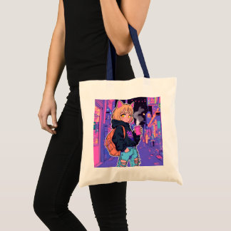 Cyberpunk Kattflicka Totebag – Neonestetik Tygkasse