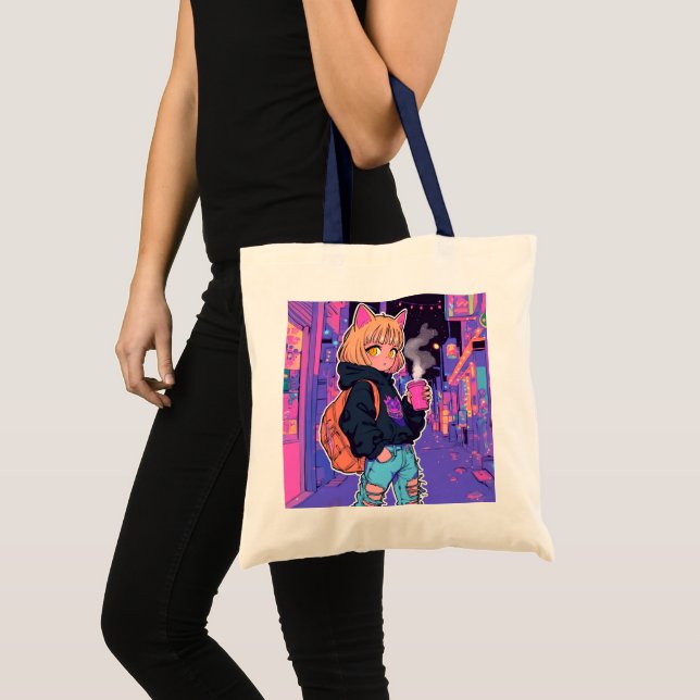 Cyberpunk Kattflicka Totebag – Neonestetik Tygkasse (Framsida (produkt))