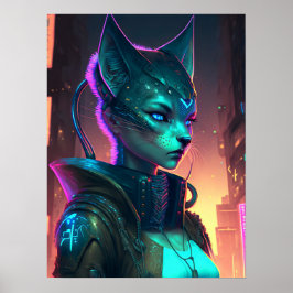 Cyberpunk-kattkvinna i Neon City Poster