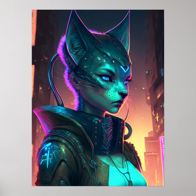Cyberpunk-kattkvinna i Neon City Poster (Framsidan)