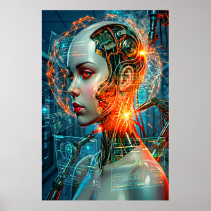 Cyberpunk Kvinnlig Cyborg Neon Sci-Fi Teknik Konst Poster