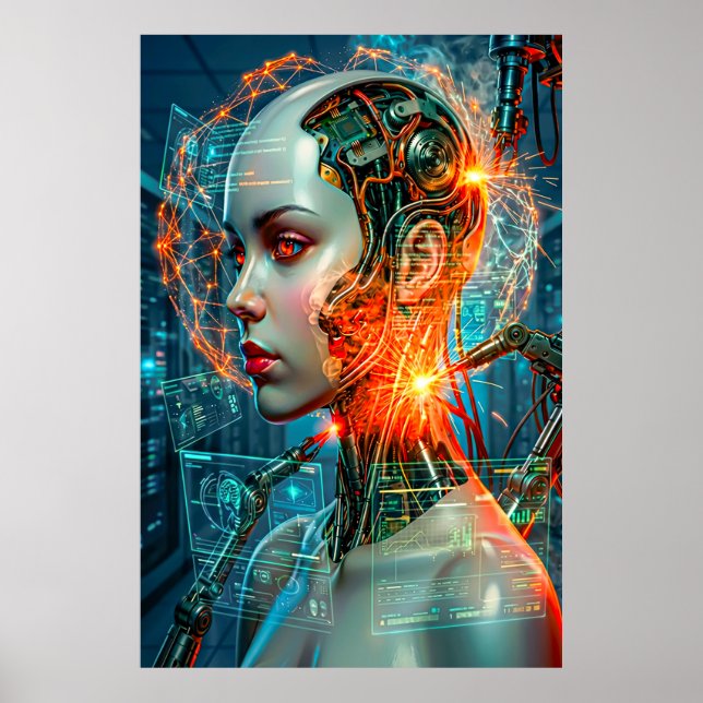 Cyberpunk Kvinnlig Cyborg Neon Sci-Fi Teknik Konst Poster (Framsidan)