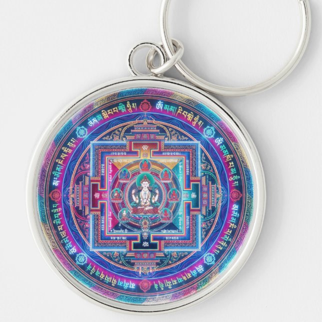 Cyberpunk Mandala Rund Silverfärgad Nyckelring (Framsidan)