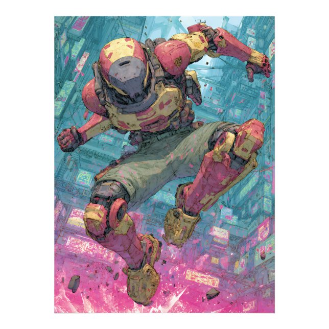 Cyberpunk Mecha Pilot Leap Neon City Action Art Fototryck (Framsidan)