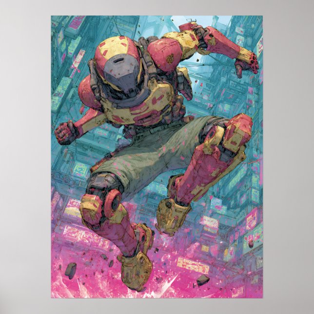 Cyberpunk Mecha Pilot Leap Neon City Action Art Poster (Framsidan)